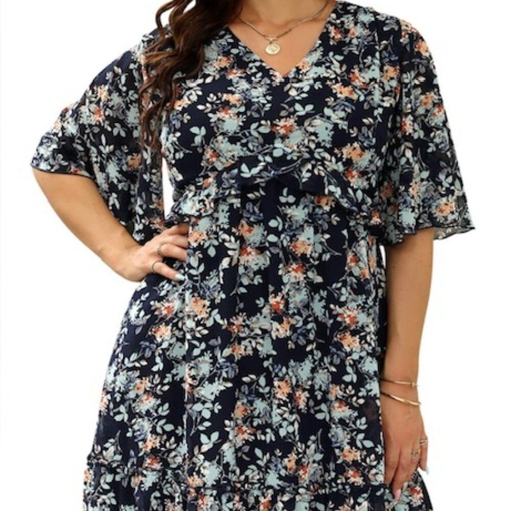 Nemidor Blue Ditsy Floral V-neck ruffle bottom Flowy mini dress, size 18